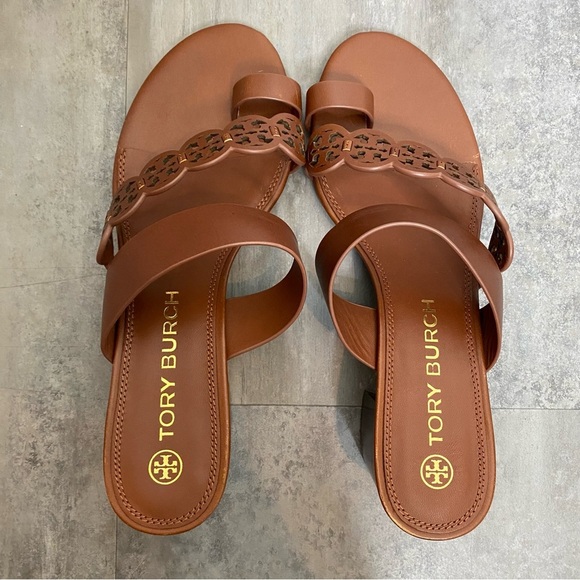 Tory Burch‎ Tiny Miller Leather Toe Ring High Block Sandals Size 10.5 Brown - Picture 8 of 9